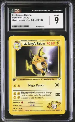 CGC 9 MINT Lt. Surge's Raichu Gym Heroes 1st Edition 28/132 Pokemon Card - Image 1