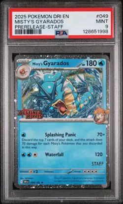 2025 POKEMON DRI EN-DESTINED RIVALS PRERELEASE-STAFF #049 MISTY'S GYARADOS PSA 9 - Image 1