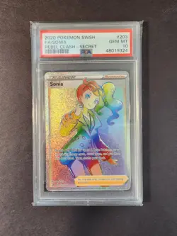 Pokemon TCG Sonia Holo Rainbow Secret Rare Card 203/192 Swsh02: Rebel Clash - Image 1