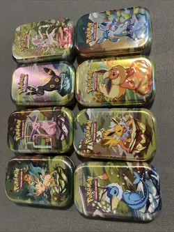 Pokemon Prismatic Evolutions Mini Tins Opened No Packs Full Set Of 8 Tins + Card - Image 1