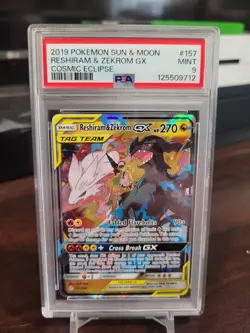 2019 Pokemon Sun & Moon Cosmic Eclipse Reshiram & Zekrom GX 157/236 PSA 9 Mint - Image 1