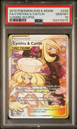 2019 POKEMON SUN & MOON CYNTHIA CAITLIN COSMIC ECLIPSE 228/236 TAG TEAM PSA 10 - Image 1