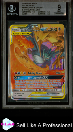 MOLTRES & ZAPDOS & ARTICUNO GX URR 2019 POKEMON SUN & MOON HIDDEN FATES 44 BGS 9 - Image 1