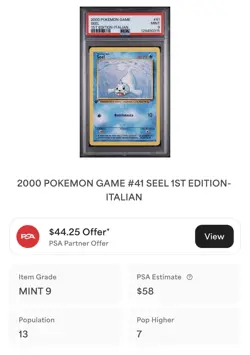 POKEMON PSA 9 SEEL 41/102 SET BASE 1st PRIMA EDIZIONE ITALIANO 2000 LOW POP! - Image 4