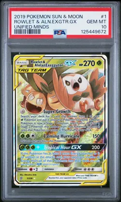 PSA 10 Rowlet & Alolan Exeggutor Gx 1/236 Unified Minds Pokemon Card - Image 1