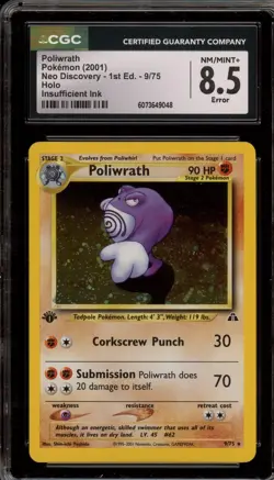 Pokemon Poliwrath Neo Discovery 1st Ed Holo Rare #9 INSUFFICIENT INK CGC 8.5 - Image 1