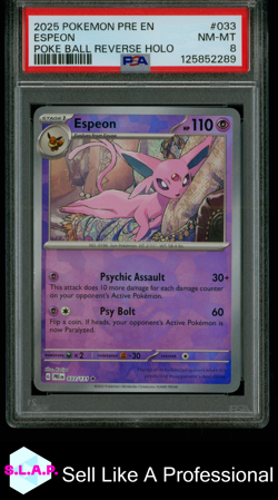 ESPEON POKE BALL REVERSE HOLO POKEMON PRE EN-PRISMATIC EVOLUTIONS 2025 033 PSA 8 - Image 1