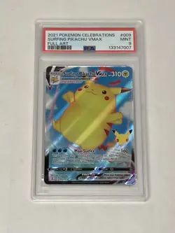 2021 Pokemon Celebrations Surfing Pikachu VMAX Full Art #009 Mint PSA 9 Card - Image 1
