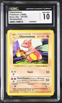 CGC 10 GEM MINT Charmeleon 1999 Base Set 24/102 Shadowless Pokemon Card - Image 1