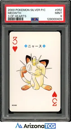 Pokemon 2000 Meowth #052 3 Of Hearts Silver Playing Card Japanese PSA 9 - Image 1