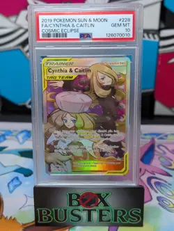 2019 POKEMON SUN & MOON COSMIC ECLIPSE #228 FULL ART/CYNTHIA & CAITLIN PSA 10 - Image 1