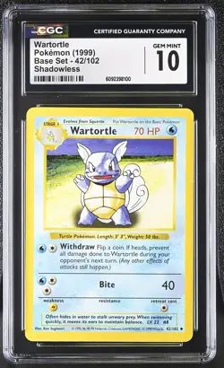 CGC 10 GEM MINT Wartortle 1999 Base Set 42/102 Shadowless Pokemon Card - Image 1