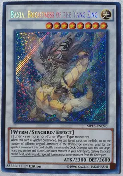 Yugioh 1x Baxia,Brightness Of The Yang Zing MP15-EN096 1st Ed Secret Rare NM - Image 1