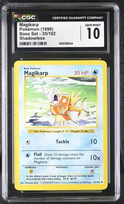 CGC 10 GEM MINT Magikarp 1999 Base Set 35/102 Shadowless Pokemon Card - Image 1