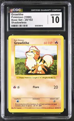 CGC 10 GEM MINT Growlithe 1999 Base Set 28/102 Shadowless Pokemon Card - Image 1