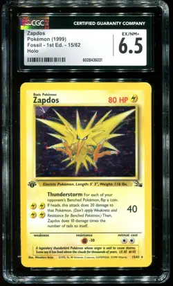 CGC 6.5 Zapdos 1st Edition Holo Rare Fossil 1999 Pokemon Card #15 - Image 1