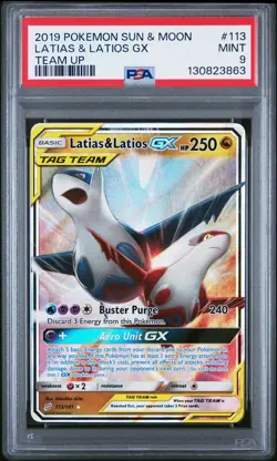 2019 POKEMON SUN & MOON TEAM UP #113 LATIAS & LATIOS GX PSA 9 - Image 1