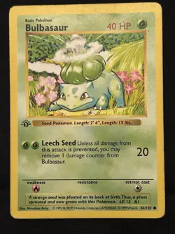 1st Edition Bulbasaur 44/102 Base Set SHADOWLESS 1999 Pokemon Card TCG - Image 1