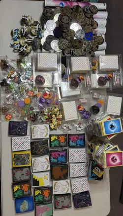 Huge Pokemon ETB Sleeve, Accessories, Figurine lot, and play mats + Pins & Coin - Image 1