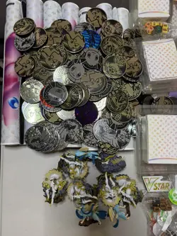 Huge Pokemon ETB Sleeve, Accessories, Figurine lot, and play mats + Pins & Coin - Image 2