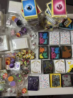 Huge Pokemon ETB Sleeve, Accessories, Figurine lot, and play mats + Pins & Coin - Image 3
