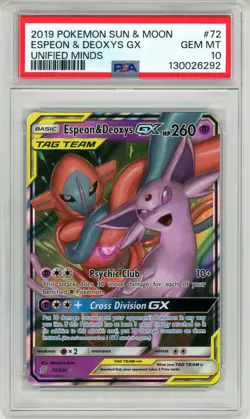 2019 Pokemon Espeon & Deoxys GX Sun Moon Unified Minds Tag Team 72/236 PSA 10 - Image 1