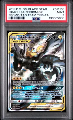 2019 POKEMON SM BLACK STAR PROMO #SM168 FULL ART/PIKACHU & ZEKROM GX PSA 9 - Image 1