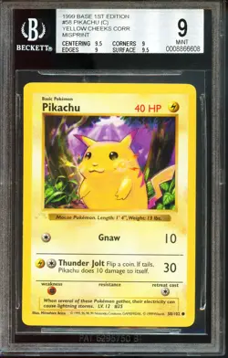 BGS 9 GHOST STAMP ERROR Pikachu 58/102 1st Edition Base Set 1999 Pokemon Card - Image 1