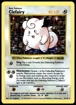 Clefairy 5/102 Pokemon TCG Shadowless Base Set Unlimited Holo Rare NM - Image 1