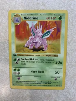 1ST EDITION Nidorino 37/102 EX -Vintage Pokemon Card- Base Set GREY STAMP - Image 1