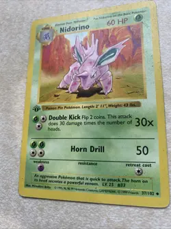 1ST EDITION Nidorino 37/102 EX -Vintage Pokemon Card- Base Set GREY STAMP - Image 2