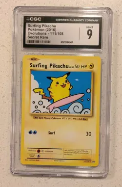 Surfing Pikachu 2016 XY Evolutions Secret Rare #111 Pokemon Card - CGC 9 - Image 1