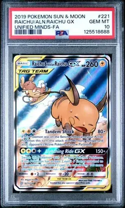 Pokemon Unified Minds Raichu & Alolan Raichu GX 221/236 PSA 10 GEM MINT - Image 1
