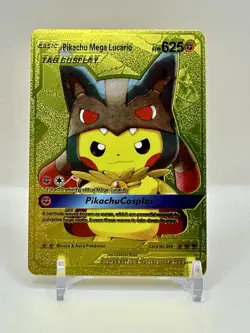 Pikachu Mega Lucario Cosplay Gold Fan Art Metal Pokemon Card #009 HP625 - Image 1