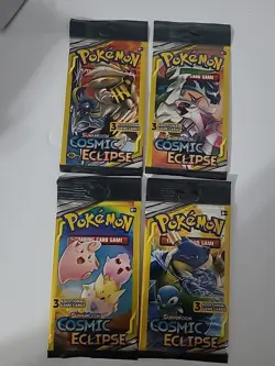 Pokemon Sun & Moon Cosmic Eclipse (4) 3-Card Booster Packs Art Set 2019 Sealed - Image 1