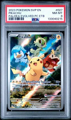2023 Paldea Evolved Pikachu Pokemon Center (PC) ETB Promo PSA 8 - Image 1