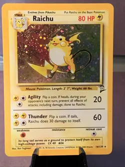 Pokemon TCG Raichu Base Set 2 Unlimited Holo Rare 16/130 VTG WOTC 1999 NM Swirl - Image 1