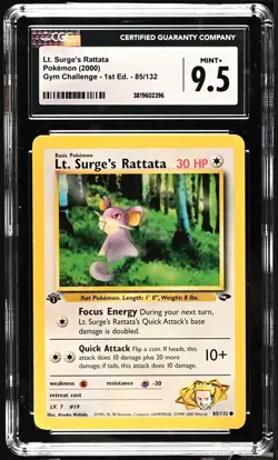 Lt. Surge's Rattata 85/132 1st Edition Pokemon Gym Challenge CGC 9.5 Mint+ - Image 1