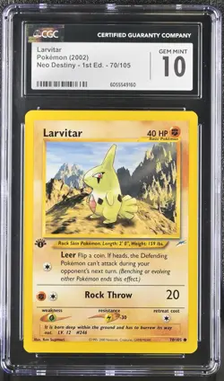 CGC 10 GEM MINT Larvitar Neo Destiny 1st Edition 70/105 Pokemon Card - Image 1