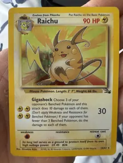 Pokemon Card - Raichu ⚡ 14/62 Fossil 💀 Unlimited Holo Rare WOTC - Image 1