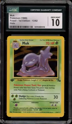 Pokemon Muk Fossil 1st Edition Holo Rare #13 CGC 10 Gem Mint - Image 1