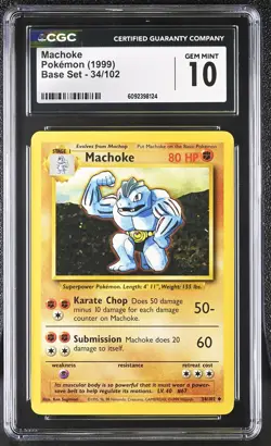CGC 10 GEM MINT Machoke 1999 Base Set 34/102 Pokemon Card - Image 1