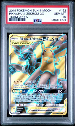 2019 POKEMON SUN & MOON TEAM UP #162 FULL ART/PIKACHU & ZEKROM GX PSA 10 - Image 1