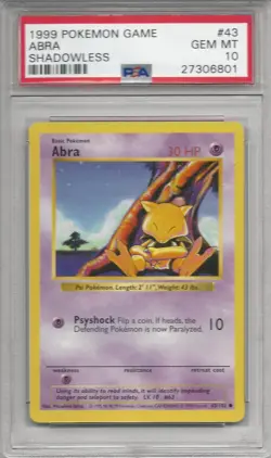 PSA 10 GEM MINT 1999 Pokemon Base Set Shadowless Abra #43/102 Common Card - Image 1