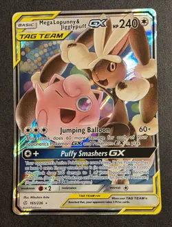 Pokemon TCG Mega Lopunny & Jigglypuff GX 165/236 Cosmic Eclipse Holo Card NM - Image 1
