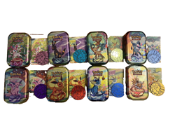 EMPTY Pokemon Prismatic Evolutions Mini Tins Full Set of 8 with Coins & Inserts - Image 1