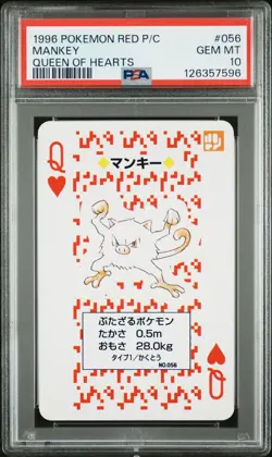 1996 POKEMON RED VERSION PLAYING CARDS QUEEN OF HEARTS #056 MANKEY PSA 10 - Image 1