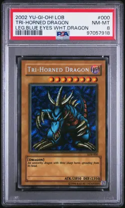 YUGIOH TRI-HORNED DRAGON Secret Rare Holo LOB-000 PSA 8 NM-MT - Image 1