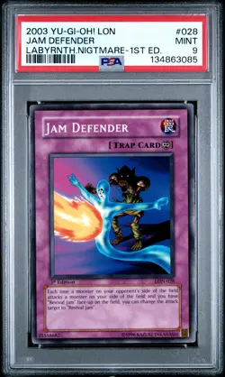 2003 YU-GI-OH! LON-LABYRINTH OF NIGHTMARE 1ST ED #028 JAM DEFENDER PSA 9 - Image 1