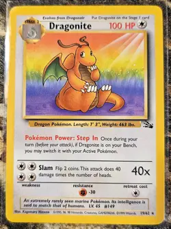 1999 Pokemon Fossil Rare Dragonite 19 NM or Better - Image 1